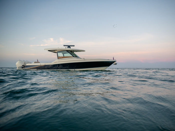 The 2020 Chris Craft Calypso 35 on water in Sarasota, Florida, USA.