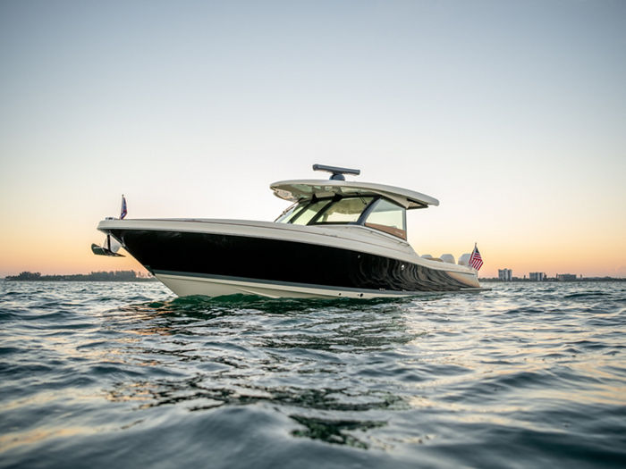 The 2020 Chris Craft Calypso 35 on water in Sarasota, Florida, USA.