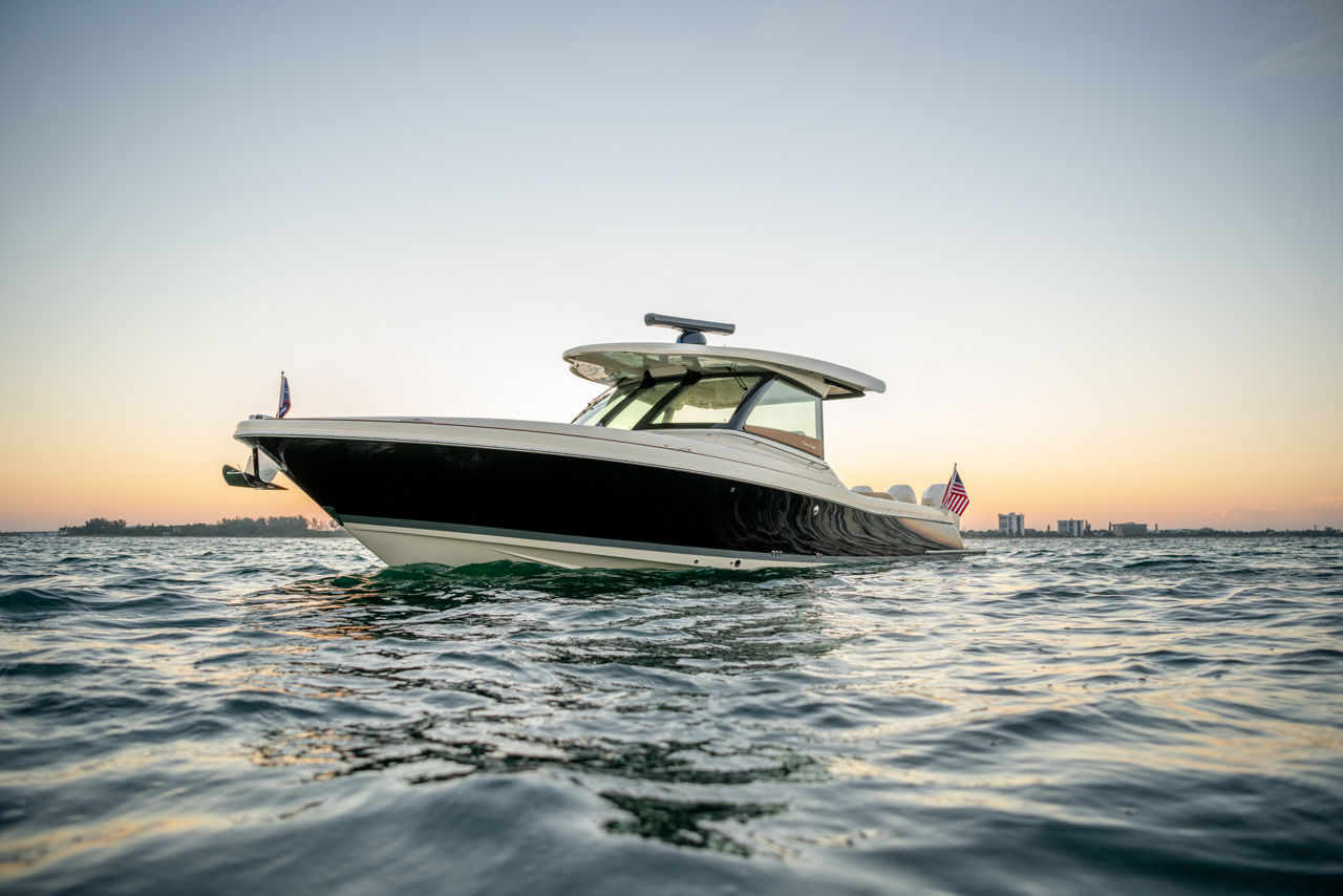 The 2020 Chris Craft Calypso 35 on water in Sarasota, Florida, USA.