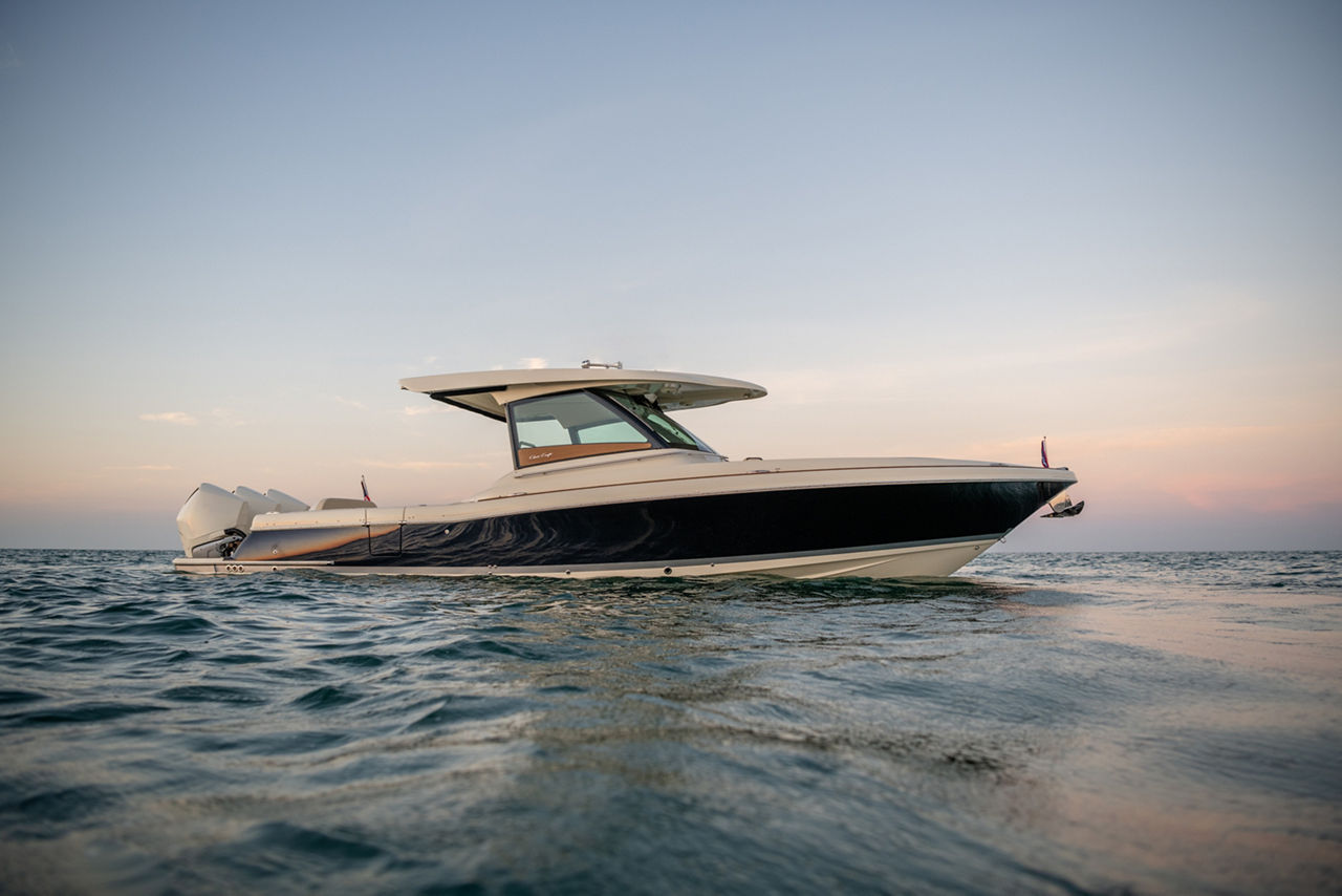 The 2020 Chris Craft Calypso 35 on water in Sarasota, Florida, USA.