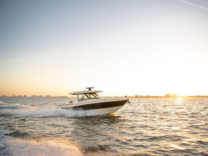 The 2020 Chris Craft Calypso 35 on water in Sarasota, Florida, USA.