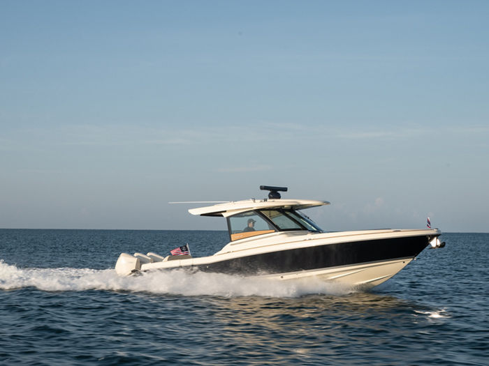 The 2020 Chris Craft Calypso 35 on water in Sarasota, Florida, USA.