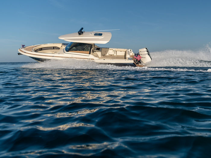 The 2020 Chris Craft Calypso 35 on water in Sarasota, Florida, USA.