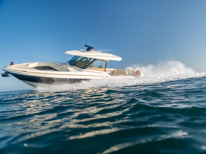 The 2020 Chris Craft Calypso 35 on water in Sarasota, Florida, USA.