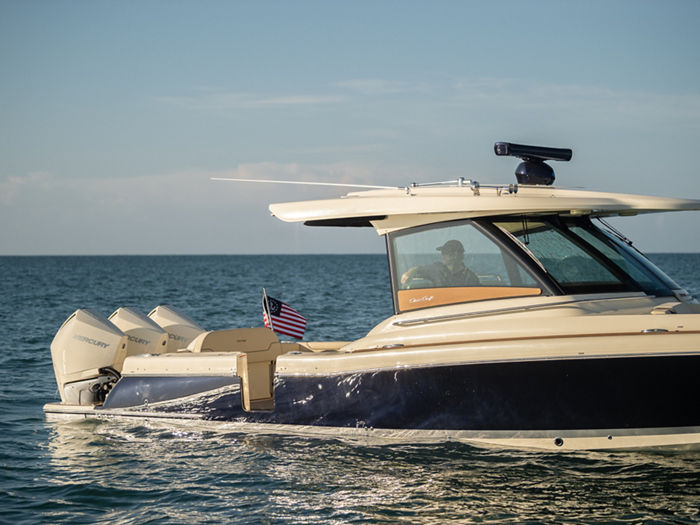 The 2020 Chris Craft Calypso 35 on water in Sarasota, Florida, USA.