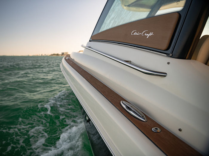 The 2020 Chris Craft Calypso 35 on water in Sarasota, Florida, USA.