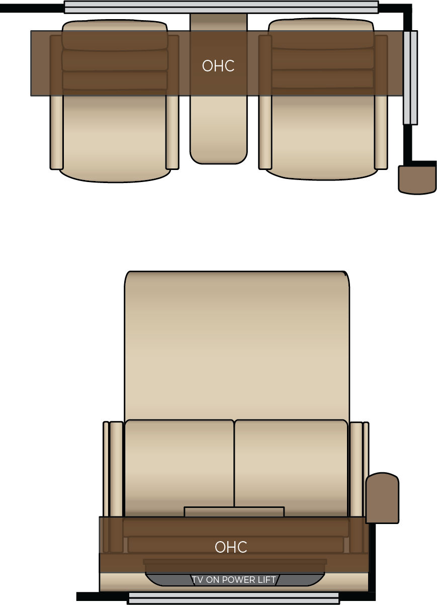 Two Recliners with Reading Lights and Lampstand Lights on Off-Door Side, Trifold Sofa on Door Side