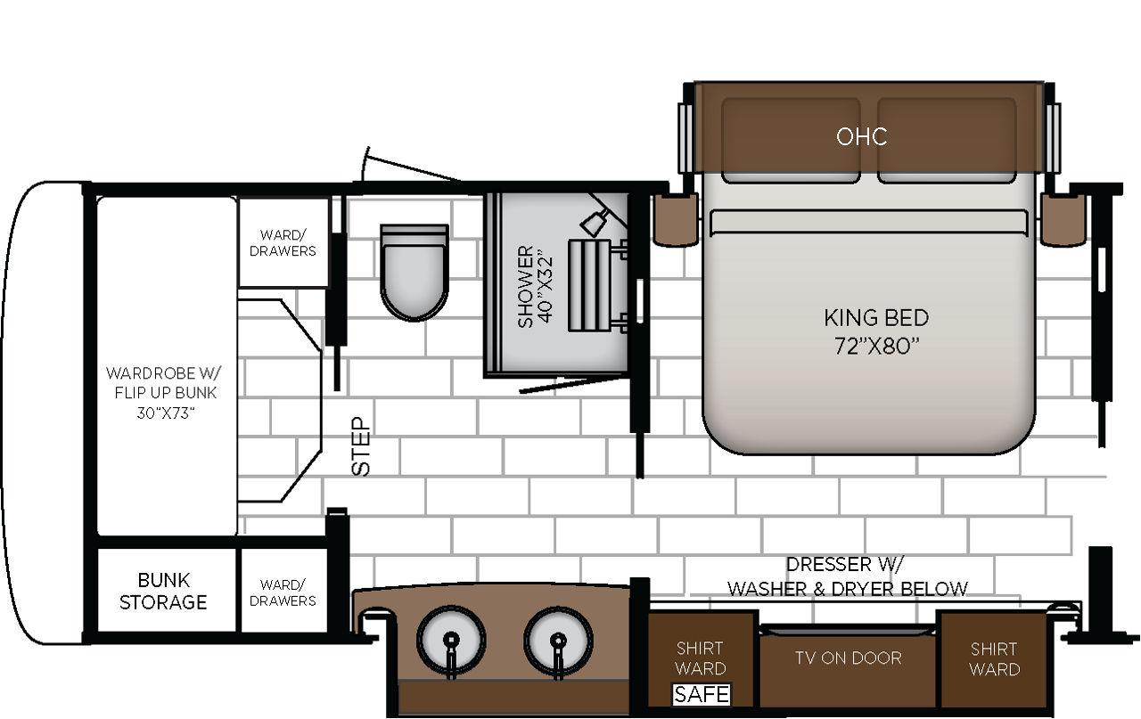 Bunk Beds in Rear, Replaces Wardrobe; Washer and Dryer Moves to Dresser Base and Retractable Bed Base