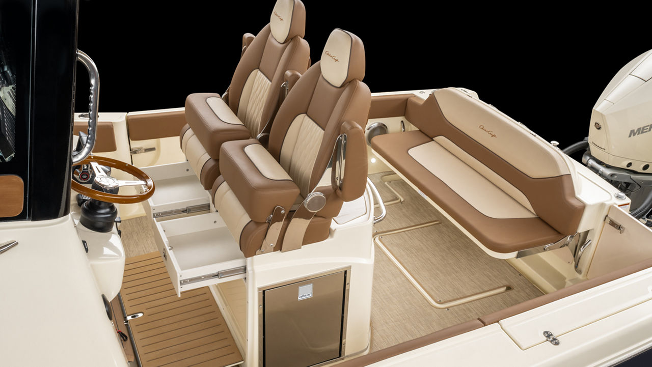 Catalina 31 with front seats folded revealing drawers