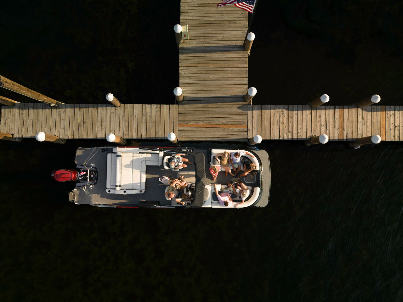 overhead view of pontoon boat at a dock