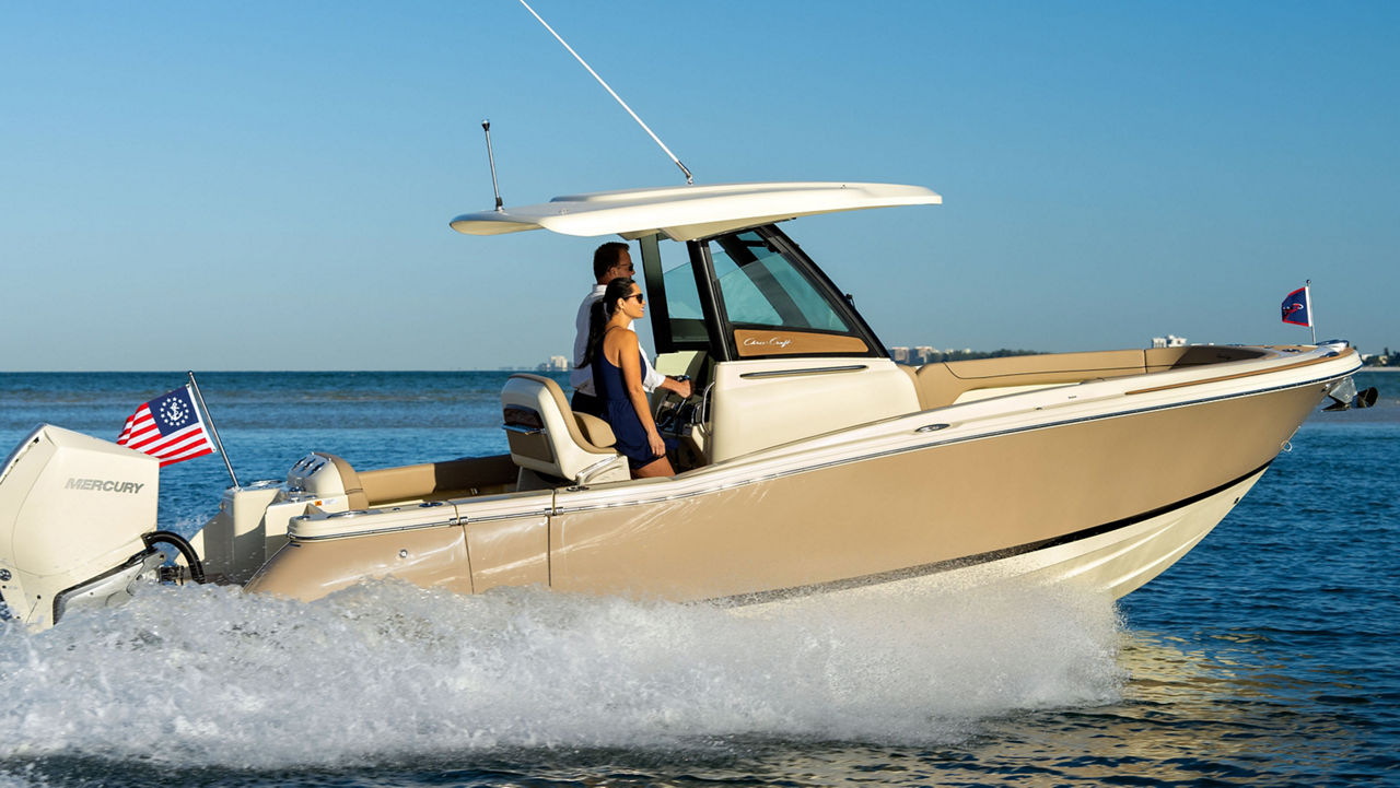 rIght side of the chris craft boat on the water