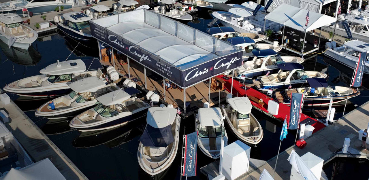 Top view of Chris-Craft boats in lot