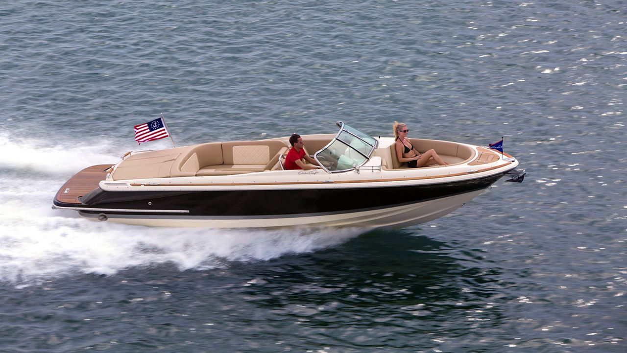 rIght side of the chris craft boat on the water