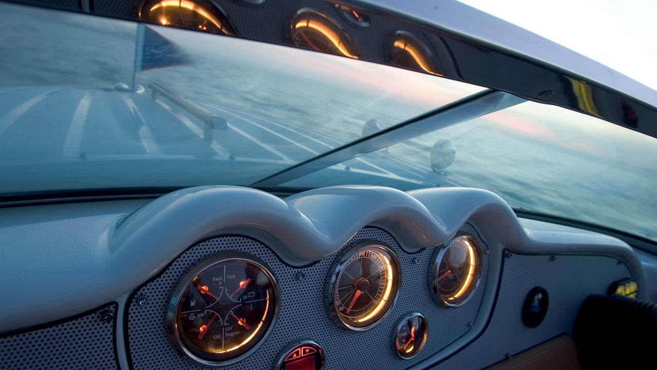 Front driver console of a chris craft boat