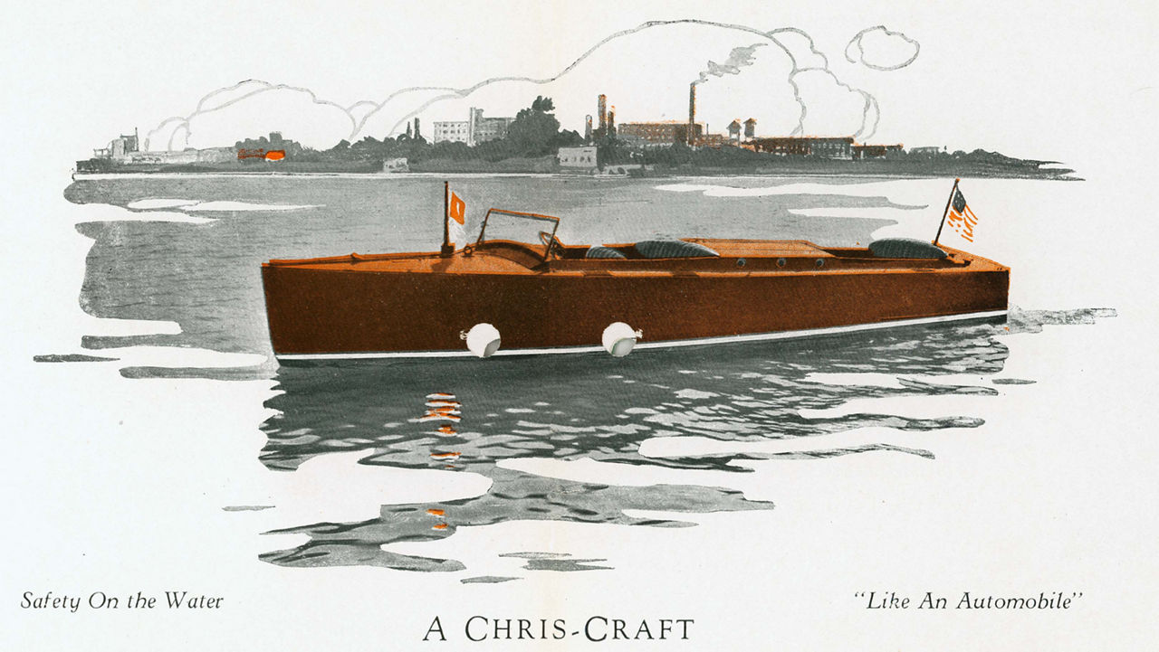 A boat painting with Chris Craft text below