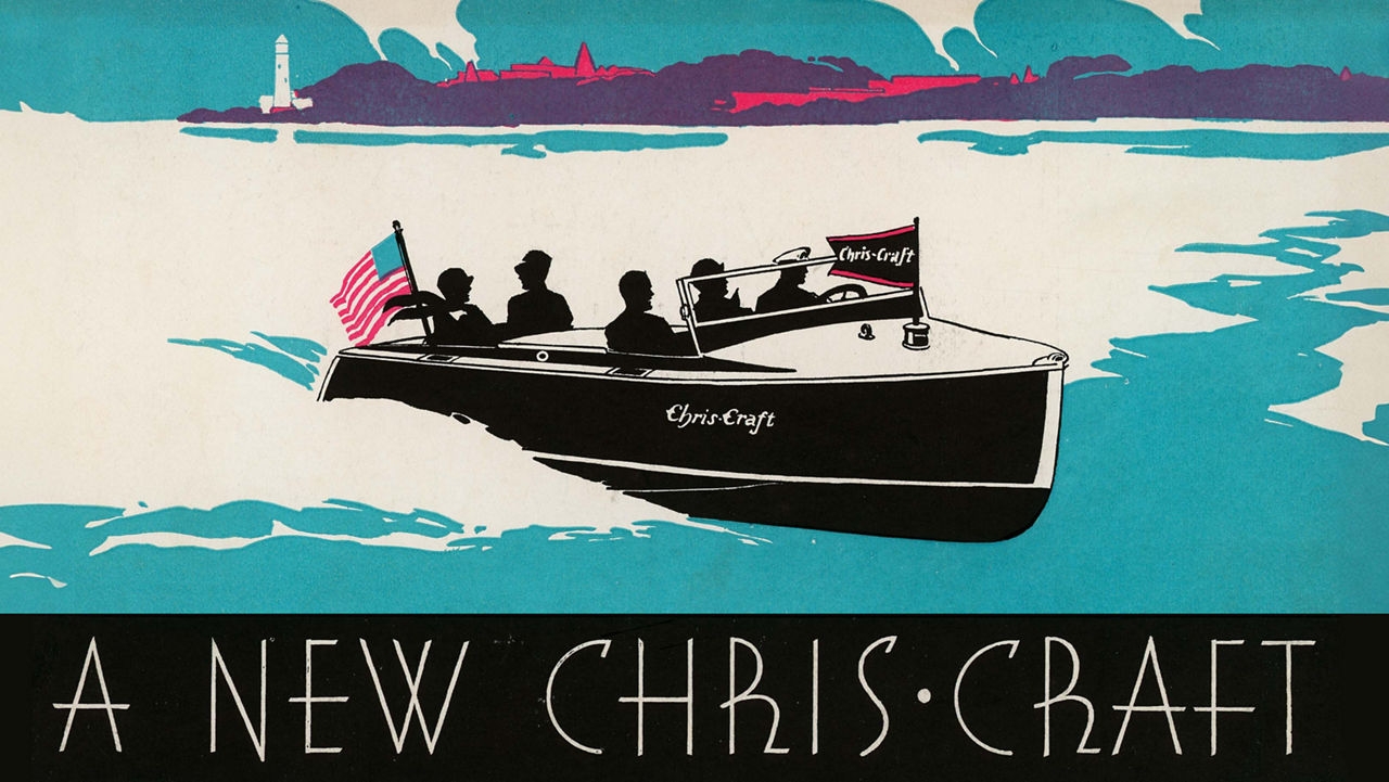 A brochure with a chris craft boat illustration and text below it 