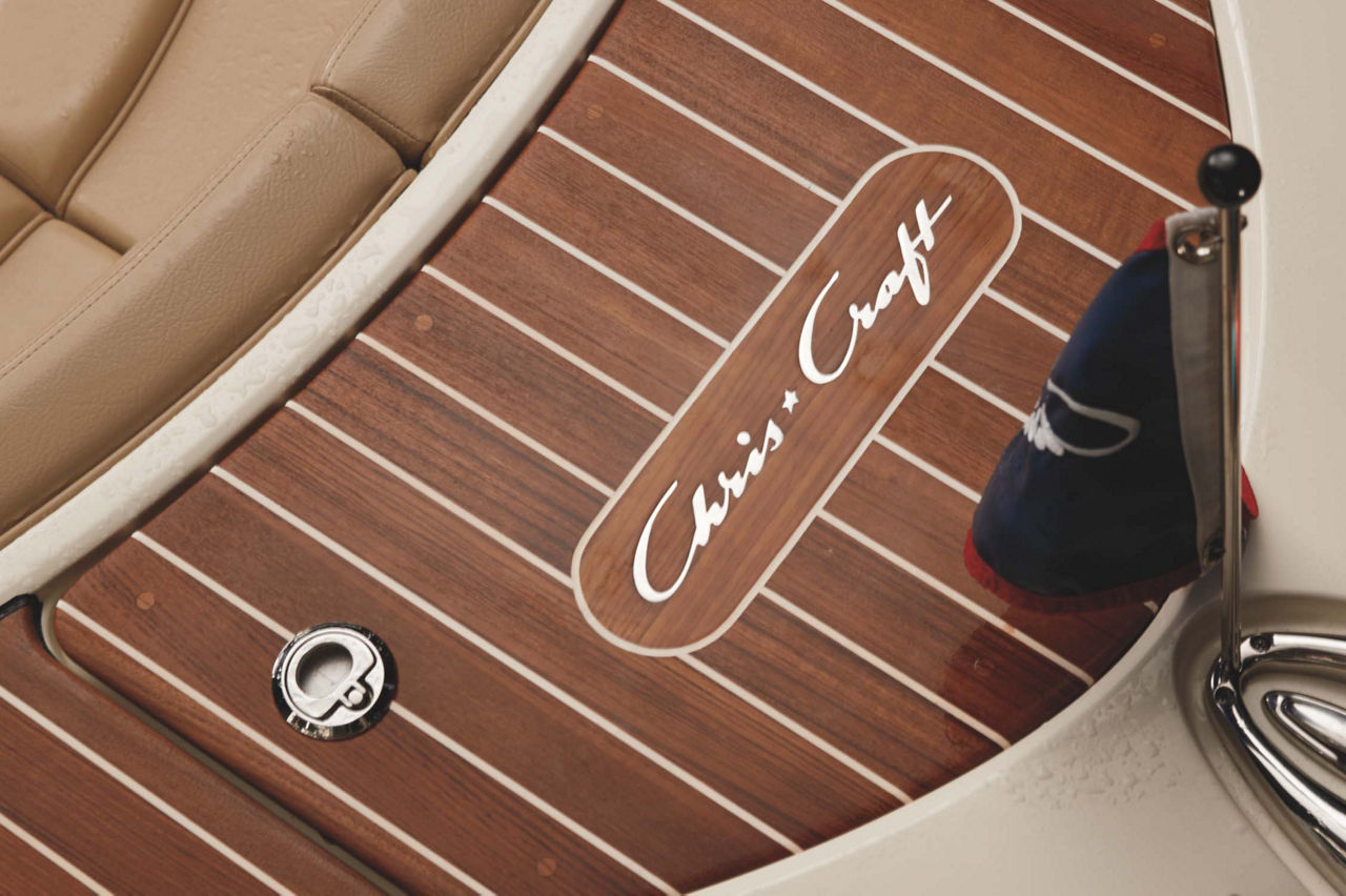 Chris craft logo on the front wood panel of the boat